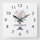 Name Monogram Rainbow Tree Square Wall Clock Quadratische Wanduhr (Vorderseite)
