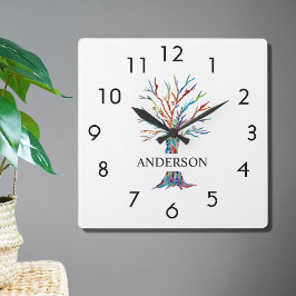 Name Monogram Rainbow Tree Square Wall Clock Quadratische Wanduhr