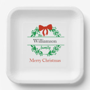 Name Monogram Red Green Christmas Pappteller