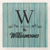 Name Monogram Rustic Blue Wood Glasuntersetzer (Vorderseite)