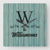 Name Monogram Rustic Blue Wood Wall Clock Quadratische Wanduhr (Vorderseite)
