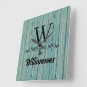 Name Monogram Rustic Blue Wood Wall Clock Quadratische Wanduhr (Winkel)