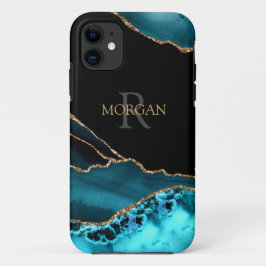Name & Monogram, Teal Black Agate, Gold Grey Text Case-Mate iPhone Hülle