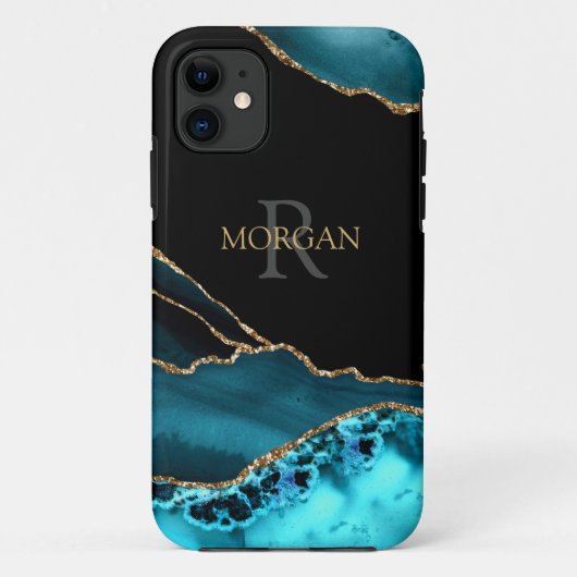 Name & Monogram, Teal Black Agate, Gold Grey Text Case-Mate iPhone Hülle (Rückseite)