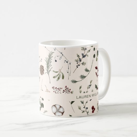 Name Monogram Winter Wildblume Muster Kaffeetasse (VorderseiteRechts)