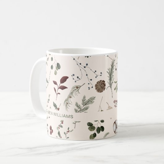 Name Monogram Winter Wildblume Muster Kaffeetasse (Vorderseite Links)