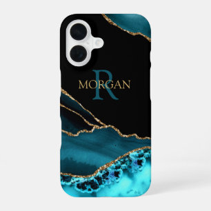 Name & Monogramm Aquamarines schwarzes Tor, Gold-D iPhone 16 Hülle