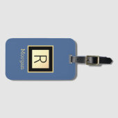 Name & Monogramm, Black & Gold Box, Med Blue Gepäckanhänger (Vorderseite (Horizontal))