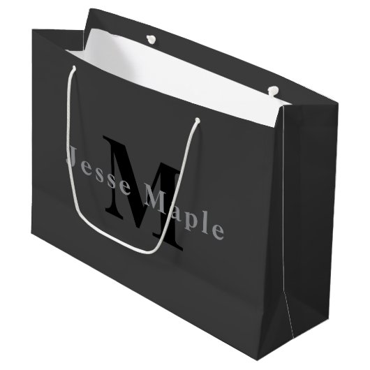 Name & Monogramm | Dunkelgrau Große Geschenktüte (Vorderseite Schrägansicht)