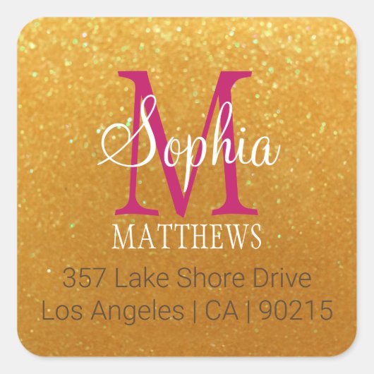 Name & Monogramm, Glitzer, Maroon, Weiß Quadratischer Aufkleber (Vorderseite)