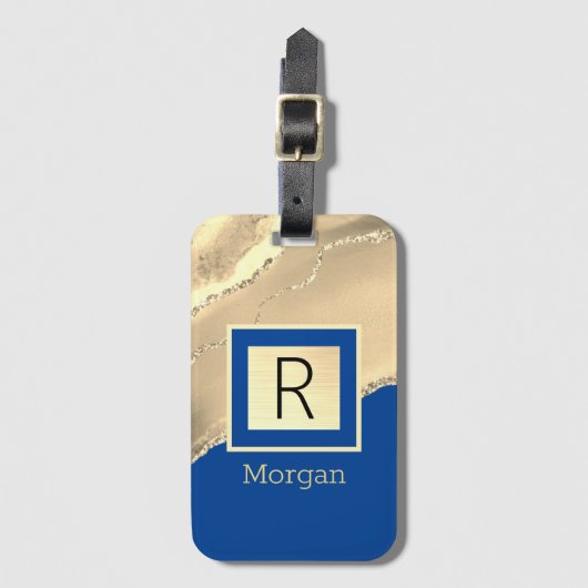 Name & Monogramm, Gold Agate, Deep Blue Gepäckanhänger (Vorderseite Vertikal)