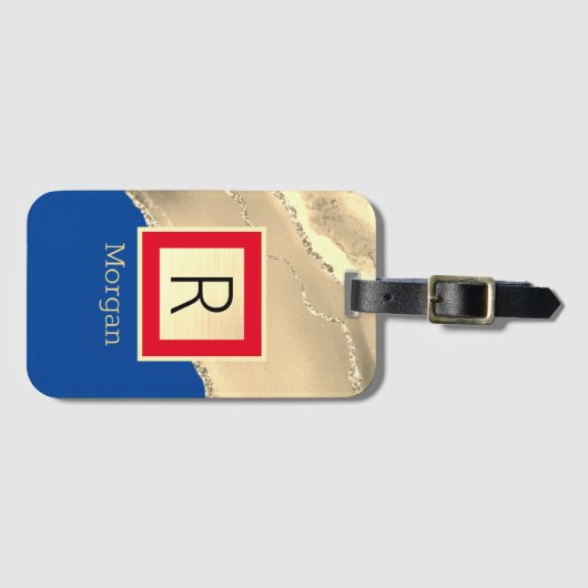 Name & Monogramm, Gold Agate, Deep Blue und Red Gepäckanhänger (Vorderseite (Horizontal))
