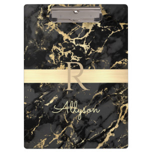 Name & Monogramm, Goldbarren, Schwarz & Goldmarmor Klemmbrett