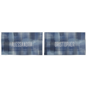 Name Monogramm Marineblau Aquarell kariert Kissenbezug