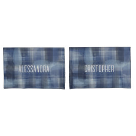 Name Monogramm Marineblau Aquarell kariert Tartan Kissenbezug