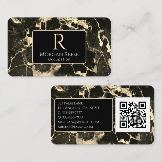 Name/Monogramm, QR-Code, Schwarz/Gold-Marmor Vs2 Visitenkarte (Vorne/Hinten)