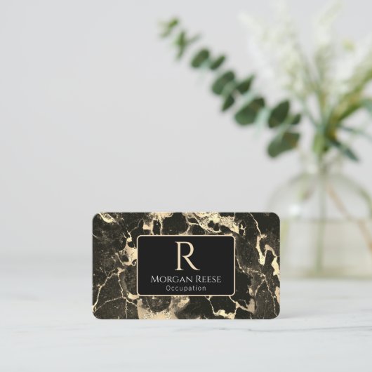 Name/Monogramm, QR-Code, Schwarz/Gold-Marmor Vs2 Visitenkarte (Stehend Vorderseite)