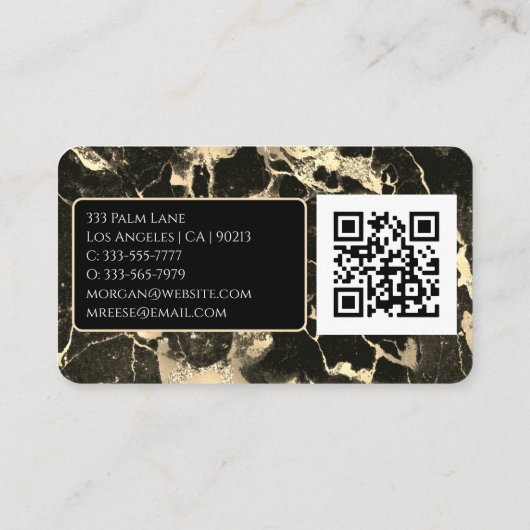 Name/Monogramm, QR-Code, Schwarz/Gold-Marmor Vs2 Visitenkarte (Rückseite)