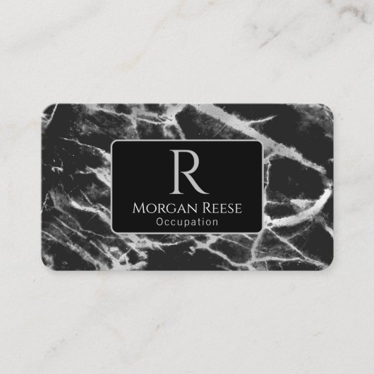 Name & Monogramm, QR-Code, Schwarz & Grauer Marmor Visitenkarte (Vorderseite)