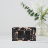 Name/Monogramm, QR-Code, Schwarz/Rose-Gold-Marmor  Visitenkarte (Stehend Vorderseite)