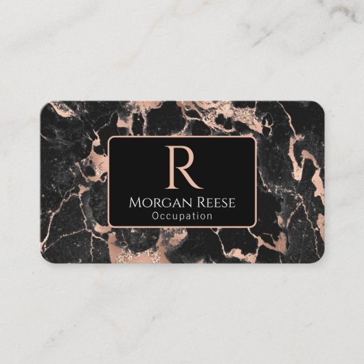 Name/Monogramm, QR-Code, Schwarz/Roségold Marmor V Visitenkarte (Vorderseite)