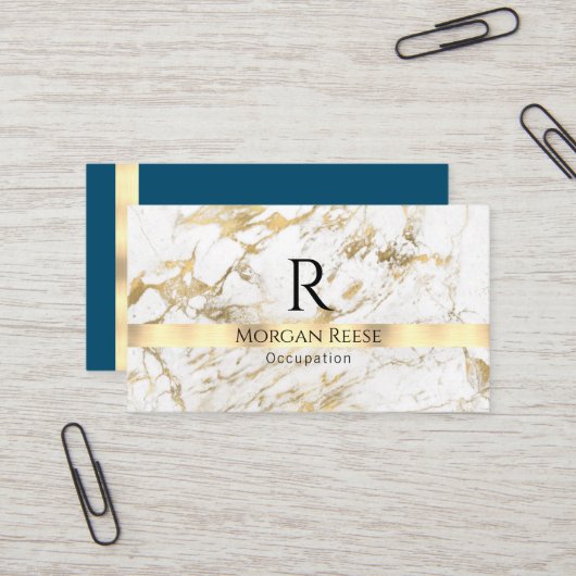 Name & Monogramm, QR-Code, weißes und goldenes Mar Visitenkarte (Vorderseite/Rückseite Beispiel)
