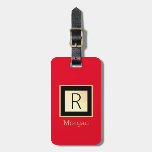 Name & Monogramm, Schwarz & Gold Box, Rot Gepäckanhänger (Vorderseite vertikal)