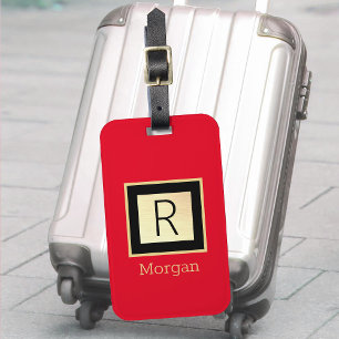 Name & Monogramm, Schwarz & Gold Box, Rot Gepäckanhänger