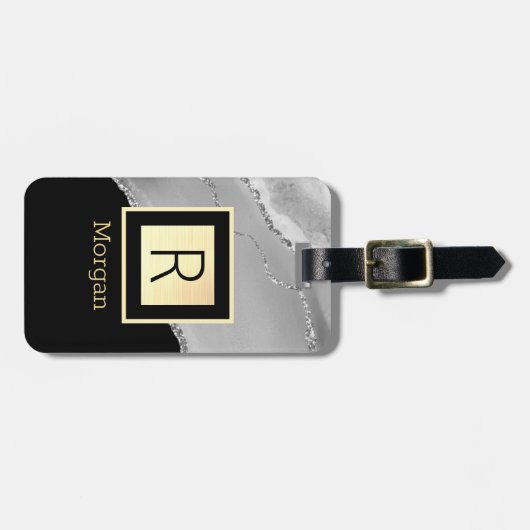 Name & Monogramm, Schwarz & Gold Box, Silver Agate Gepäckanhänger (Vorderseite horizontal)