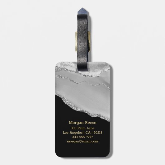 Name & Monogramm, Schwarz & Gold Box, Silver Agate Gepäckanhänger (Rückseite vertikal)