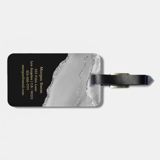 Name & Monogramm, Schwarz & Gold Box, Silver Agate Gepäckanhänger (Rückseite horizontal)