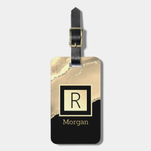 Name & Monogramm, Schwarz & Gold Box und Agate Gepäckanhänger