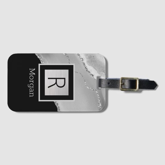 Name & Monogramm, Schwarz & Silber Box und Agate Gepäckanhänger (Vorderseite (Horizontal))