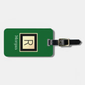 Name & Monogramm, schwarze & goldene Box Waldgrün Gepäckanhänger (Vorderseite horizontal)