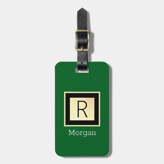 Name & Monogramm, schwarze & goldene Box Waldgrün Gepäckanhänger (Vorderseite vertikal)