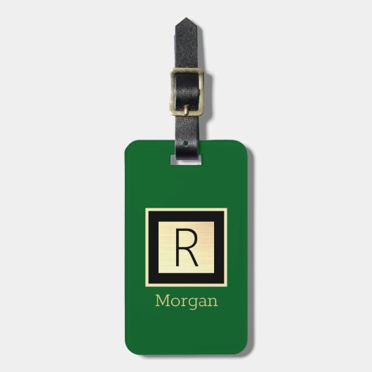 Name & Monogramm, schwarze & goldene Box, Waldgrün Gepäckanhänger (Vorderseite vertikal)