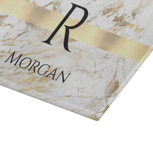 Name & Monogramm Schwarzer Text, Weiß und Gold-Mar Schneidebrett (Ecke)