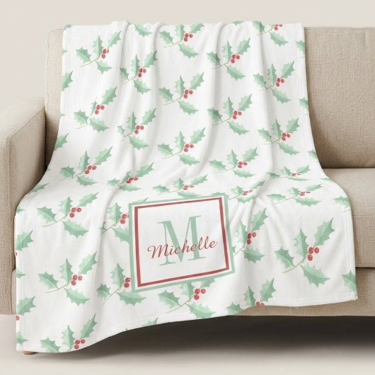 Name Monogramm Weihnachts-Stechpalme Fleecedecke