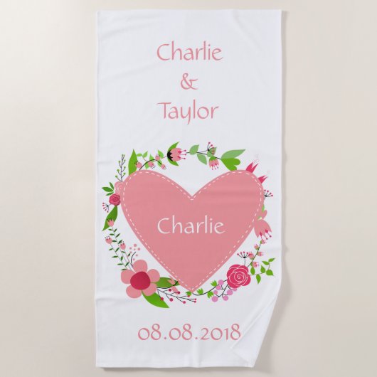 Name(n) & Datum mit Herz und Blume Strandtuch (Vorderseite)