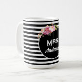 Name Nachname Schwarz-weiß Stripes Blume Kaffeetasse (Vorderseite Links)