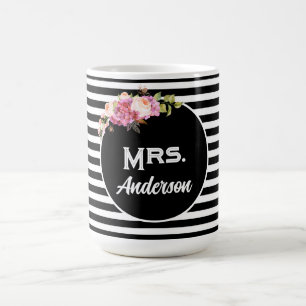 Name Nachname Schwarz-weiß Stripes Blume Kaffeetasse