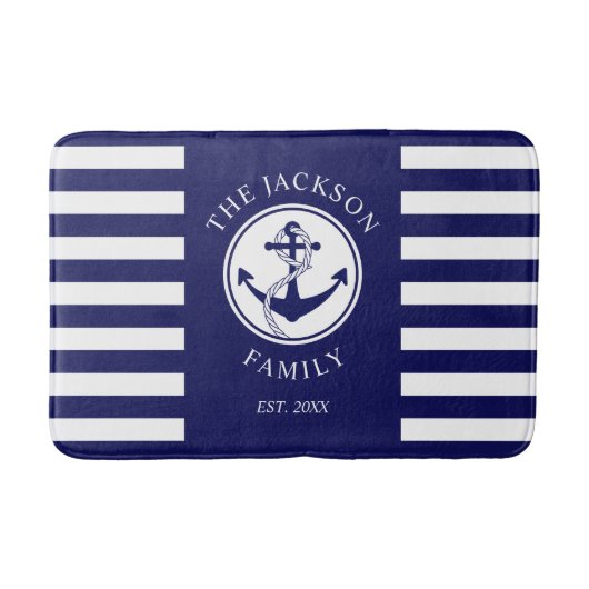 Name Nautic Anchor Blue Stripes Muster Badematte (Vorderseite)