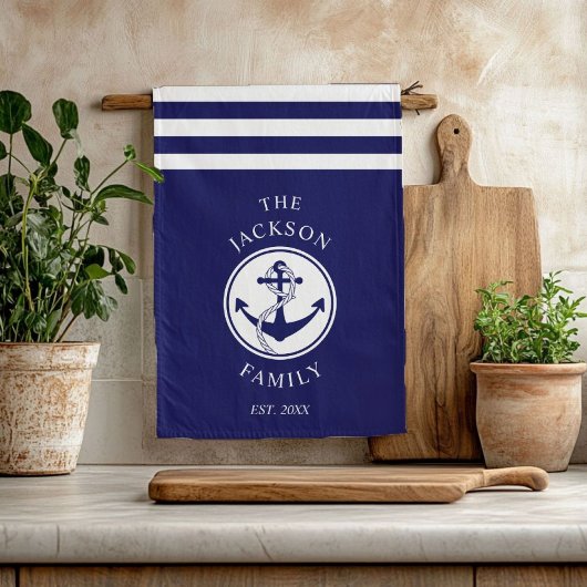 Name Nautic Anchor Blue Stripes Muster Geschirrtuch