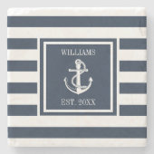 Name Nautical Boat Anchor Navy Blue Strip Steinuntersetzer (Vorderseite)