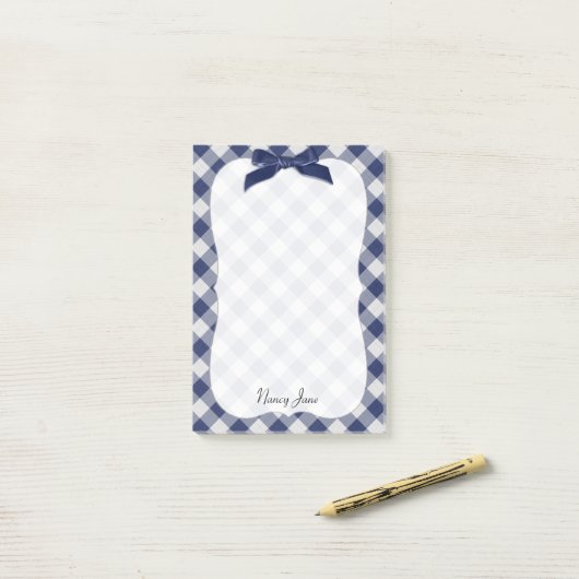Name Navy Blue Gingham Karos Pattern Bracket Post-it Klebezettel (Auf Schreibtisch)