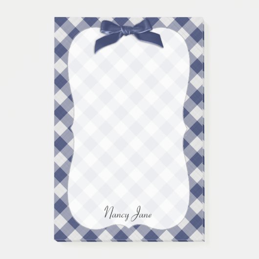 Name Navy Blue Gingham Karos Pattern Bracket Post-it Klebezettel (Vorderseite)