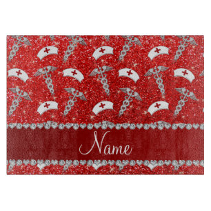 Name Neon Red Glitzer Krankenschwester hat silbern Schneidebrett