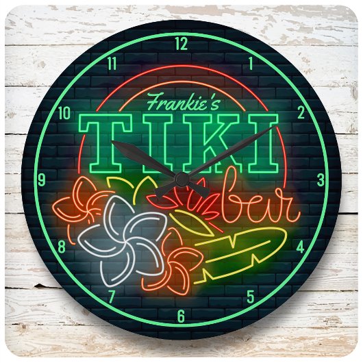 NAME Neon Style Tropical Tiki Beach Bar anpassen Große Wanduhr