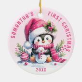 Name Niedliche Pinguin Girly Pink Erstes Weihnacht Keramik Ornament (Hinten)