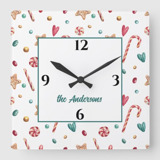 Name, Niedliche Süßigkeiten Kanadische und Cookies Quadratische Wanduhr (Vorderseite)